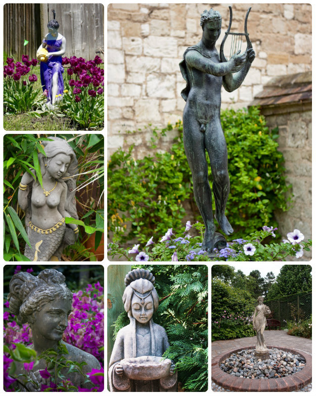 Collage of multiple garden statues